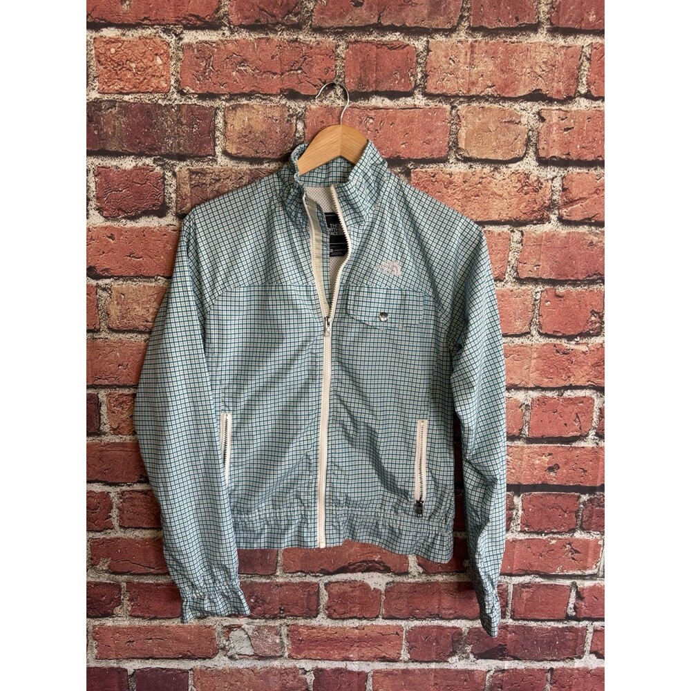 The North Face Womens Blue Checkered Long Sleeve Windbreaker Jacket Size Small